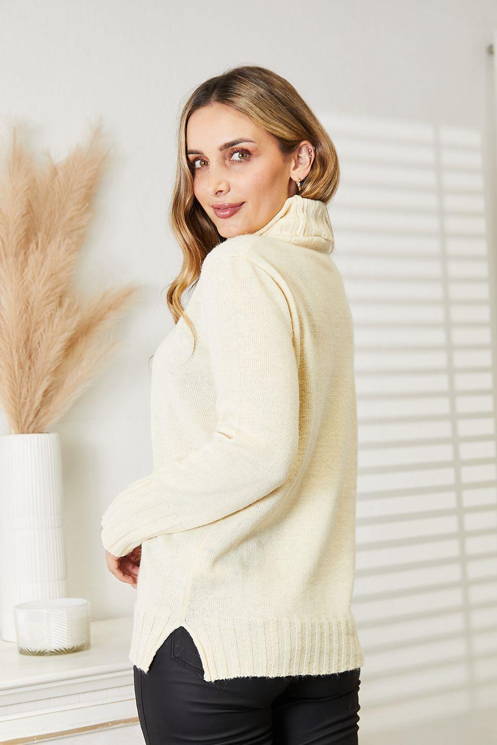 Long Sleeve Cream Plus Size Turtleneck Sweater - MXSTUDIO.COM