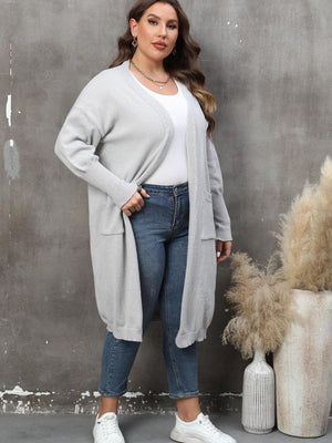 Long Sleeve Pocketed Plus Size Open Front Cardigan - MXSTUDIO.COM
