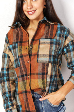 Long Sleeves Curved Hem Plus Size Plaid Shacket - MXSTUDIO.COM