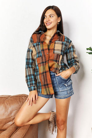 Long Sleeves Curved Hem Plus Size Plaid Shacket - MXSTUDIO.COM