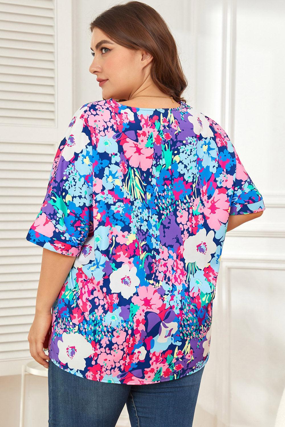 Lovely Aspect Center Seam V-Neck Plus Size Floral Blouse - MXSTUDIO.COM