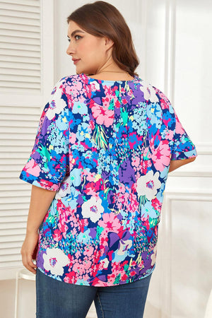 Lovely Aspect Center Seam V-Neck Plus Size Floral Blouse - MXSTUDIO.COM