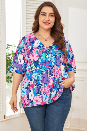 Lovely Aspect Center Seam V-Neck Plus Size Floral Blouse - MXSTUDIO.COM