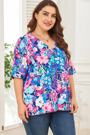 Lovely Aspect Center Seam V-Neck Plus Size Floral Blouse - MXSTUDIO.COM