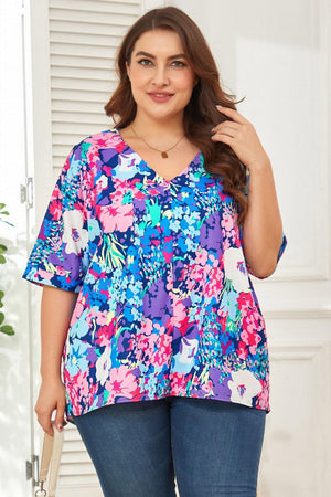 Lovely Aspect Center Seam V-Neck Plus Size Floral Blouse - MXSTUDIO.COM