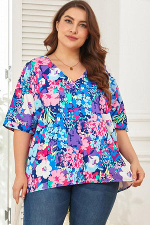 Lovely Aspect Center Seam V-Neck Plus Size Floral Blouse - MXSTUDIO.COM