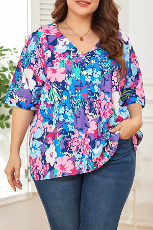 Lovely Aspect Center Seam V-Neck Plus Size Floral Blouse - MXSTUDIO.COM