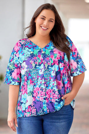 Lovely Aspect Center Seam V-Neck Plus Size Floral Blouse - MXSTUDIO.COM