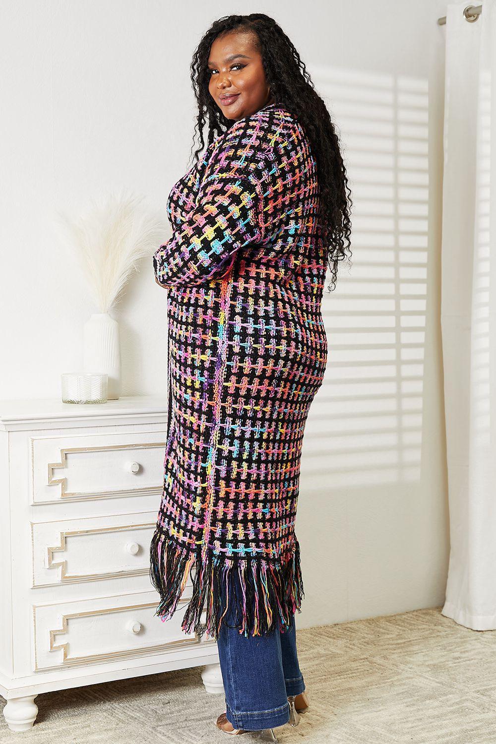Multicolored Open Front Plus Size Fringe Cardigan - MXSTUDIO.COM