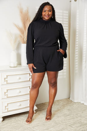 Open Back Plus Size Black Long Sleeve Romper - MXSTUDIO.COM