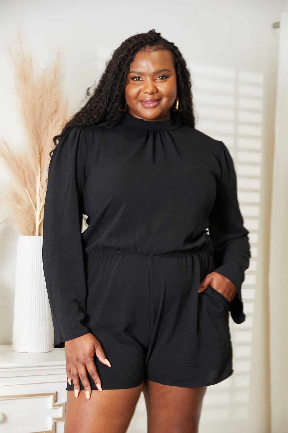 Open Back Plus Size Black Long Sleeve Romper - MXSTUDIO.COM