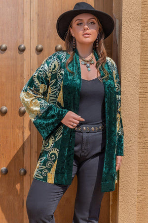 Open Front Bohemian Style Plus Size Green Cardigan - MXSTUDIO.COM