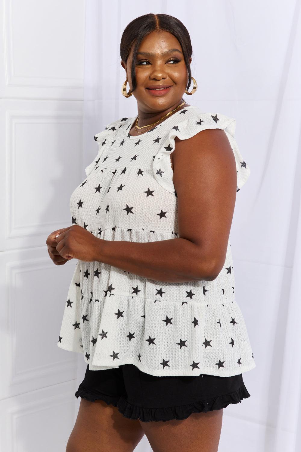 Plus Size Butterfly Sleeve Star Print Top - MXSTUDIO.COM