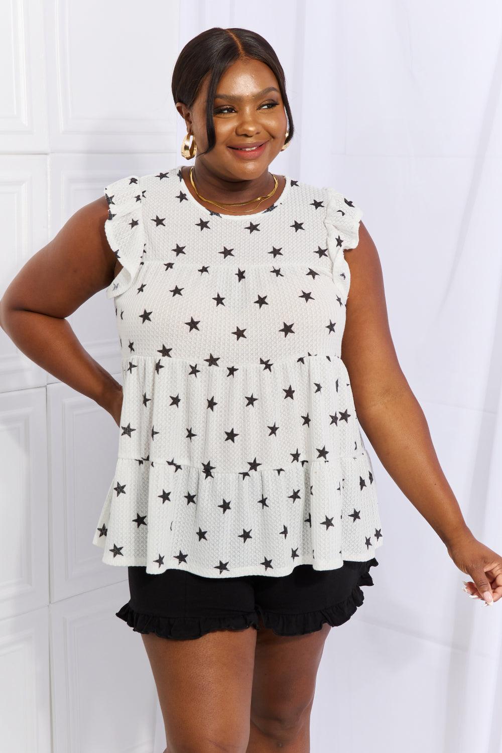 Plus Size Butterfly Sleeve Star Print Top - MXSTUDIO.COM