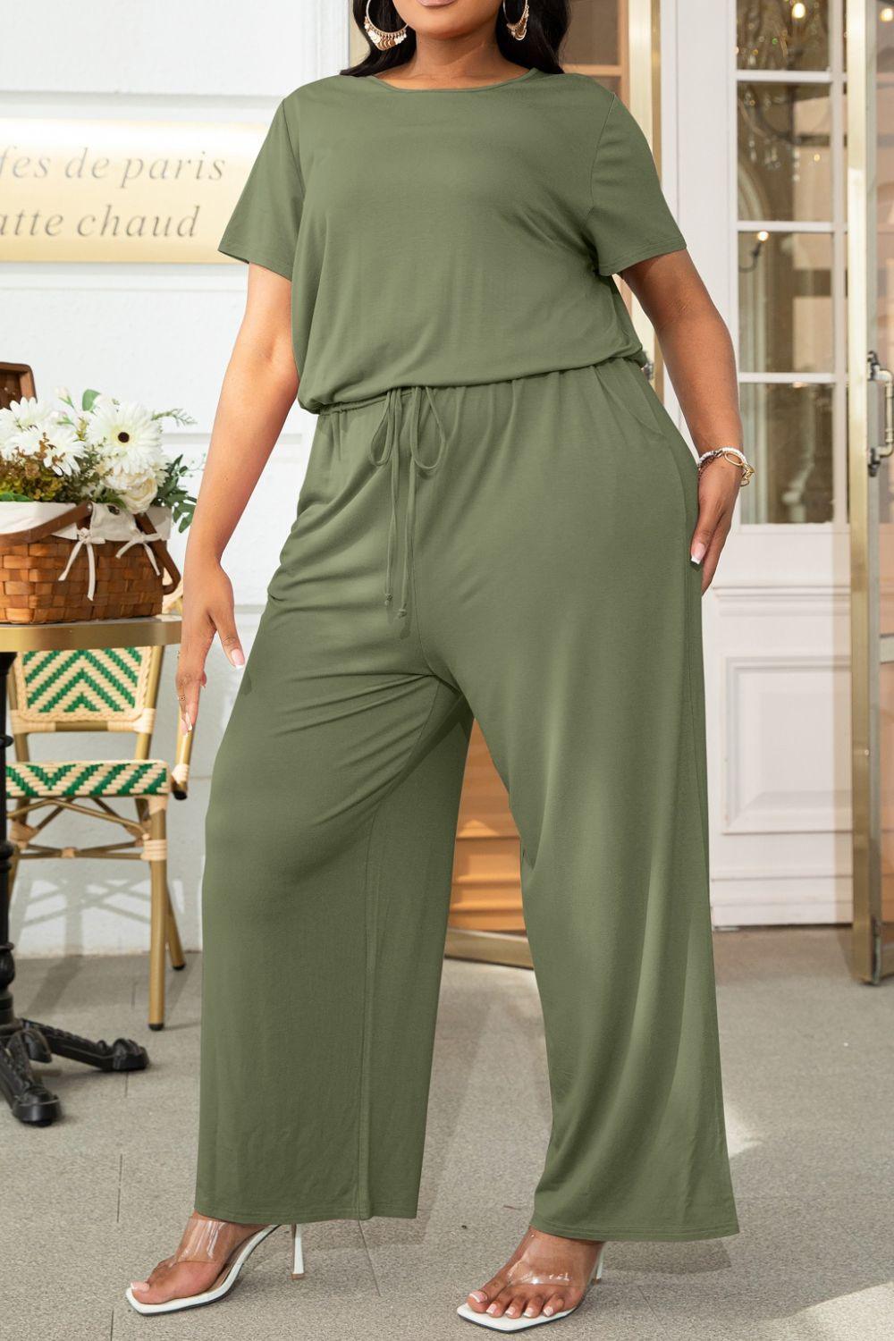 Plus Size Drawstring Waist Wide Leg Jumpsuit - MXSTUDIO.COM
