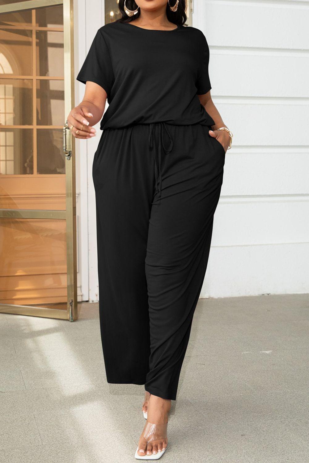 Plus Size Drawstring Waist Wide Leg Jumpsuit - MXSTUDIO.COM