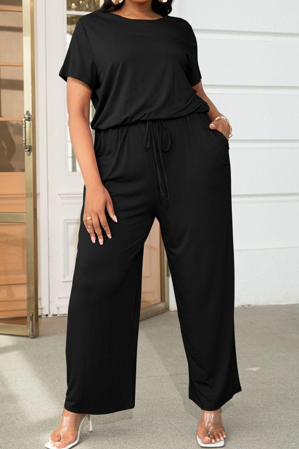 Plus Size Drawstring Waist Wide Leg Jumpsuit - MXSTUDIO.COM