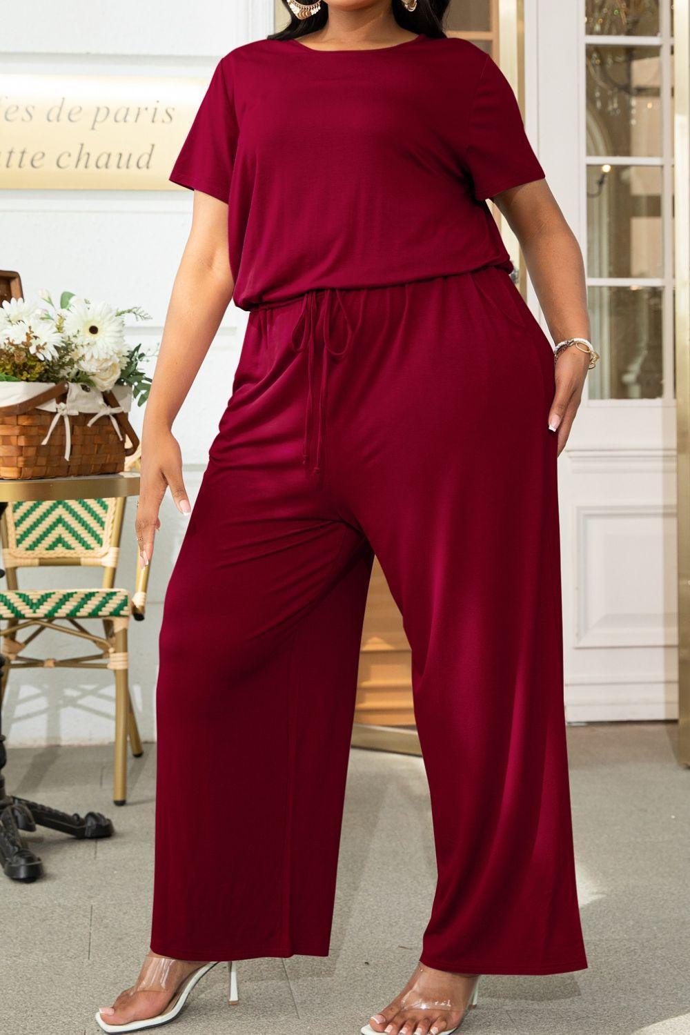Plus Size Drawstring Waist Wide Leg Jumpsuit - MXSTUDIO.COM