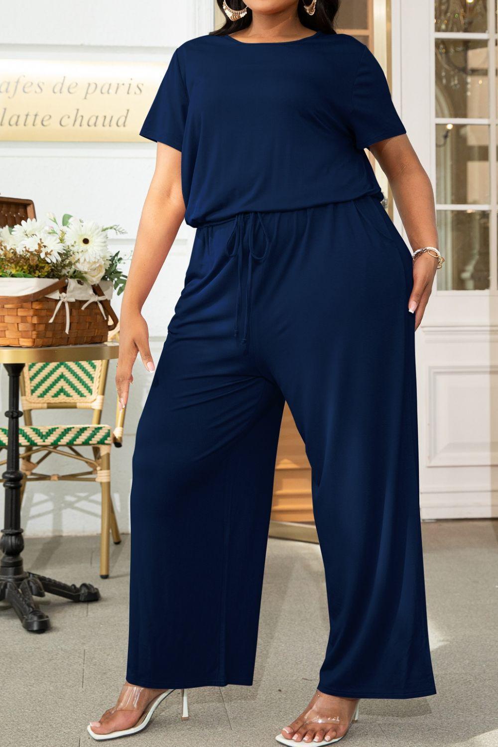 Plus Size Drawstring Waist Wide Leg Jumpsuit - MXSTUDIO.COM