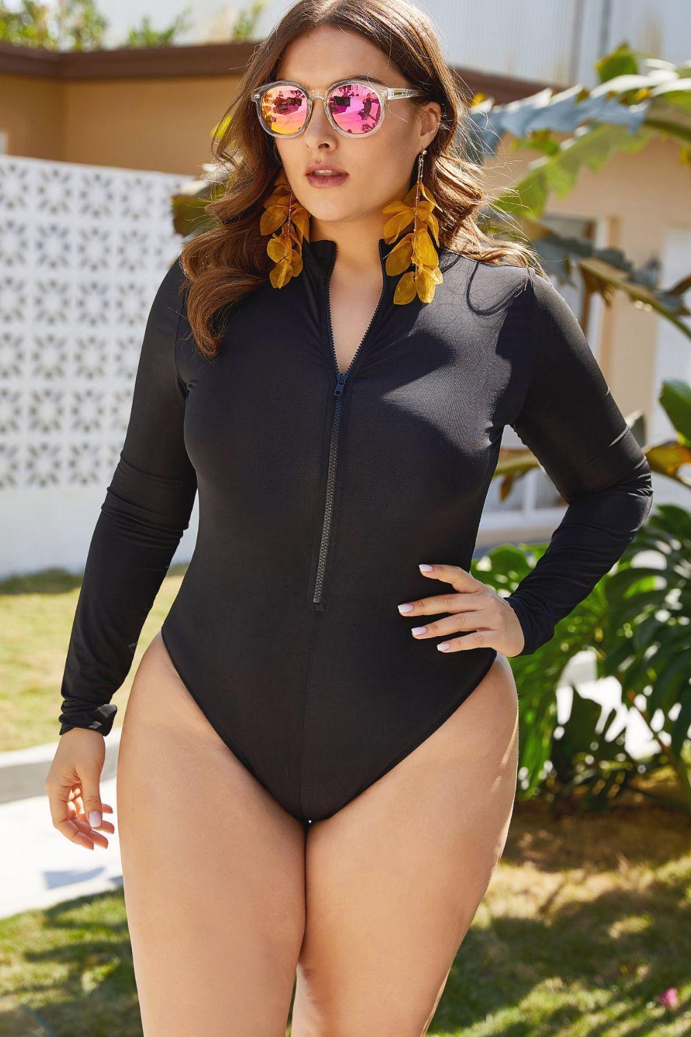 Plus Size Flexible Zippered One-Piece Swimsuit - MXSTUDIO.COM