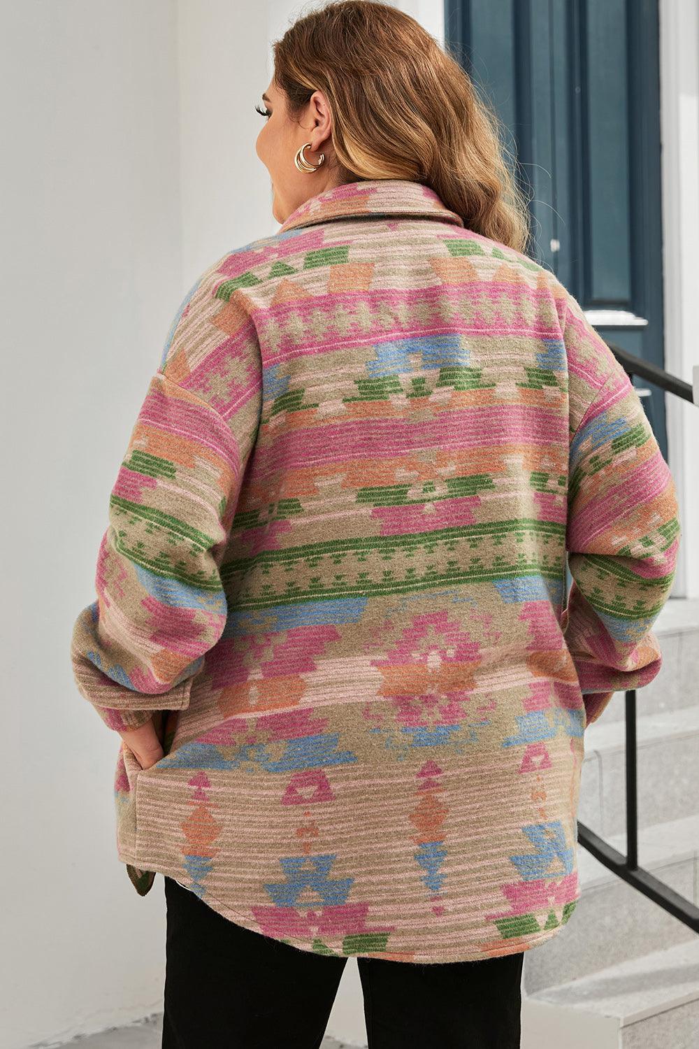 Plus Size Geometric Collared Multicolor Jacket - MXSTUDIO.COM