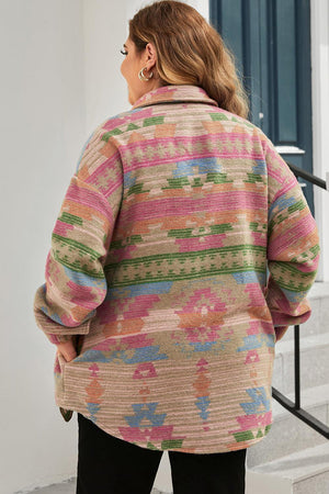 Plus Size Geometric Collared Multicolor Jacket - MXSTUDIO.COM