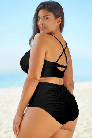 Plus Size Halter Neck Crisscross Two-Piece Swimsuit - MXSTUDIO.COM