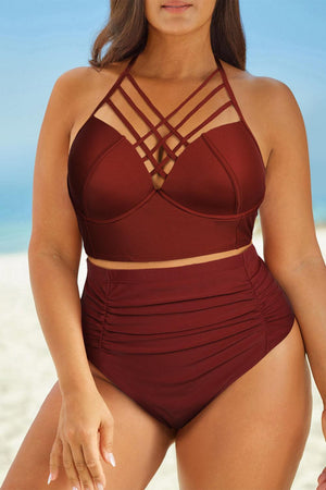 Plus Size Halter Neck Crisscross Two-Piece Swimsuit - MXSTUDIO.COM