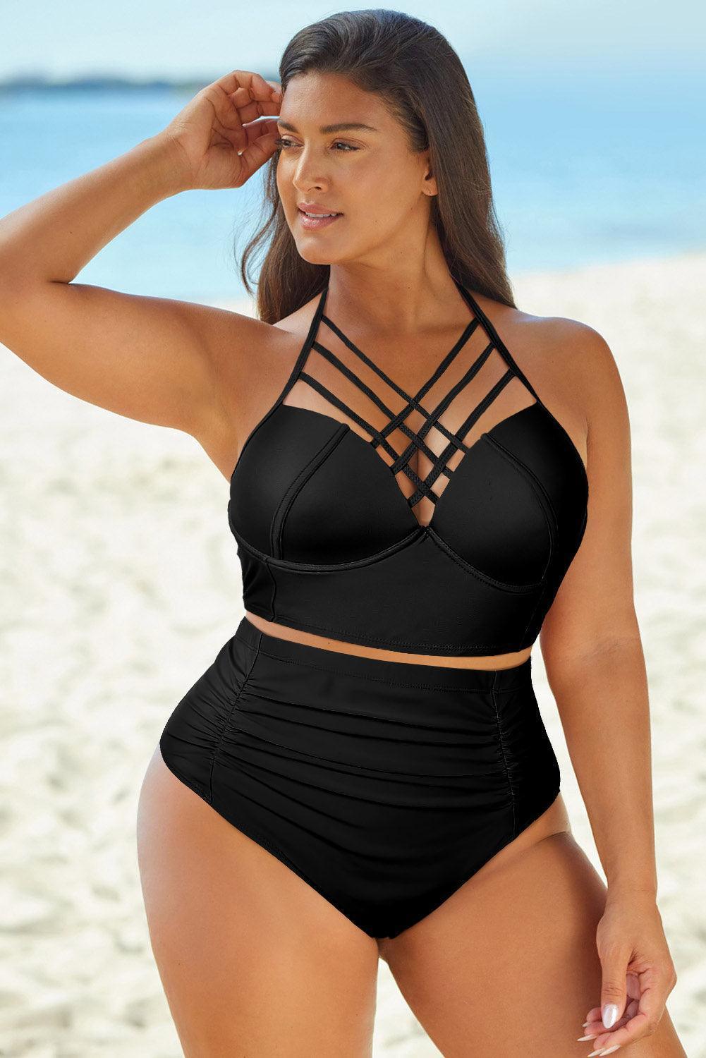 Plus Size Halter Neck Crisscross Two-Piece Swimsuit - MXSTUDIO.COM