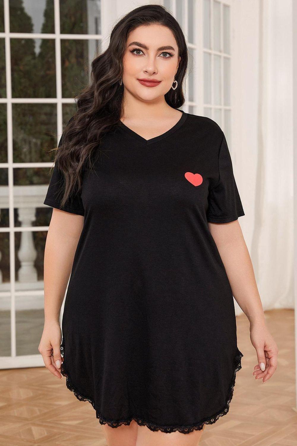 Plus Size Heart Graphic Lace Trim Black Night Dress - MXSTUDIO.COM