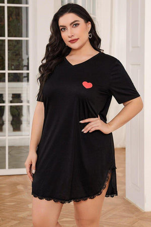 Plus Size Heart Graphic Lace Trim Black Night Dress - MXSTUDIO.COM
