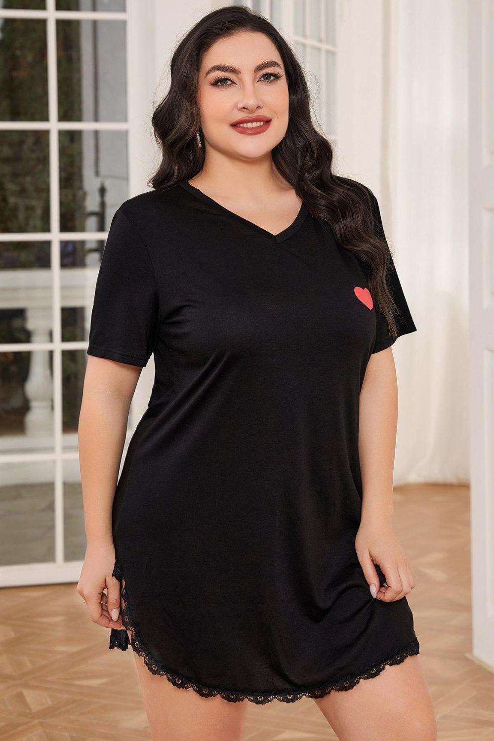 Plus Size Heart Graphic Lace Trim Black Night Dress - MXSTUDIO.COM