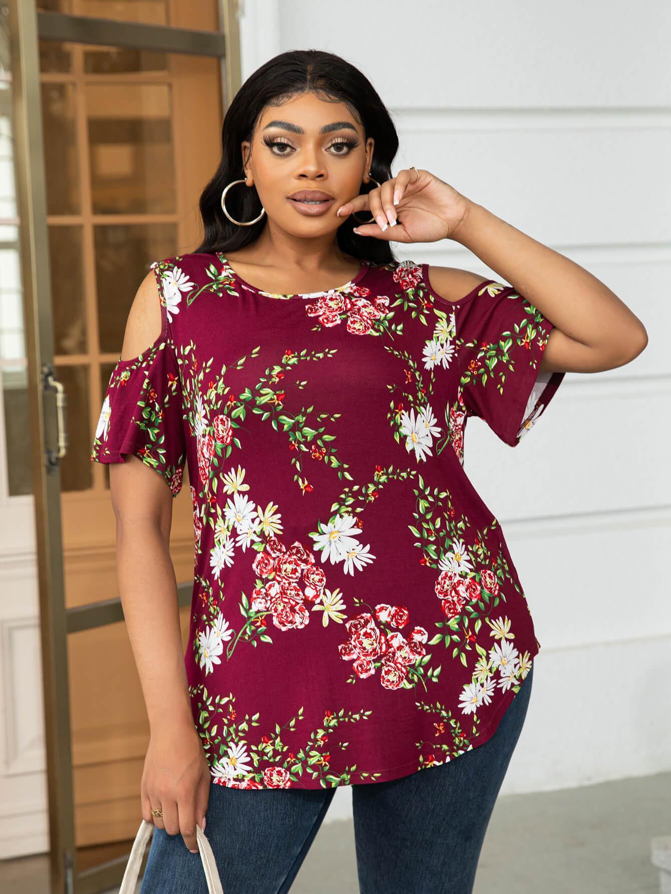 Plus Size Round Neck Tee with Shoulder Cutouts - MXSTUDIO.COM