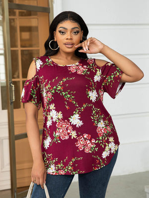 Plus Size Round Neck Tee with Shoulder Cutouts - MXSTUDIO.COM
