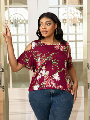 Plus Size Round Neck Tee with Shoulder Cutouts - MXSTUDIO.COM