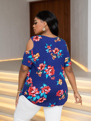 Plus Size Round Neck Tee with Shoulder Cutouts - MXSTUDIO.COM