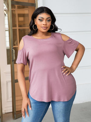 Plus Size Round Neck Tee with Shoulder Cutouts - MXSTUDIO.COM