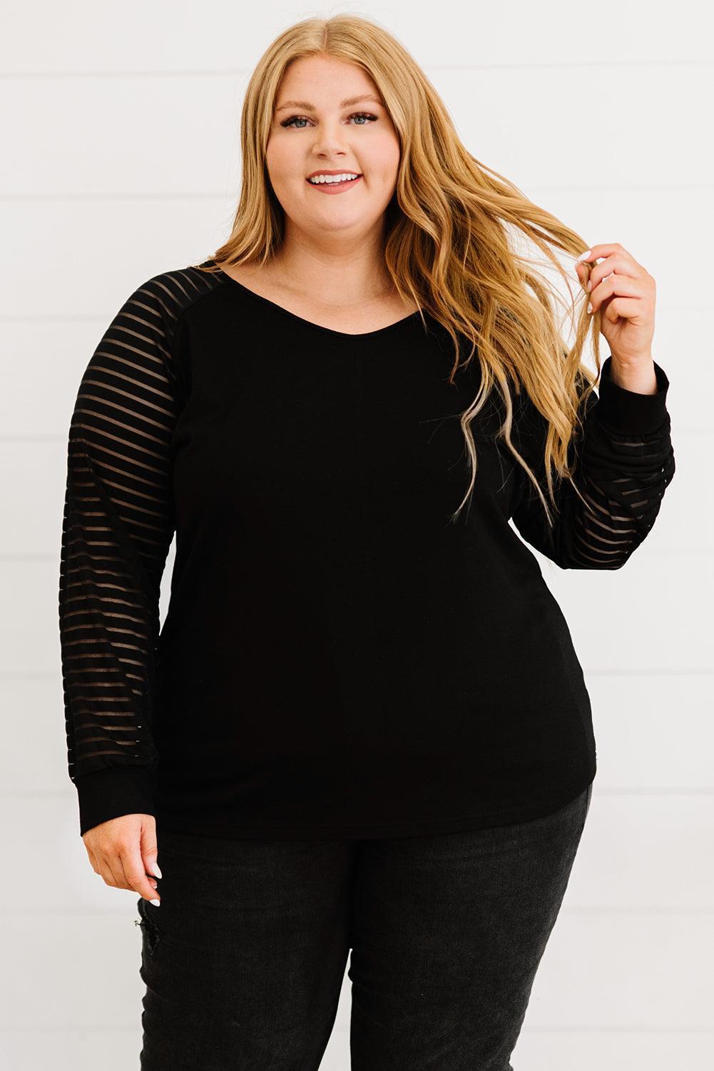 Plus Size Sheer Striped Sleeve Women Top - MXSTUDIO.COM
