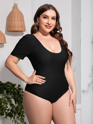 Plus Size Short Sleeve Scoop Neck One Piece Swimsuit - MXSTUDIO.COM