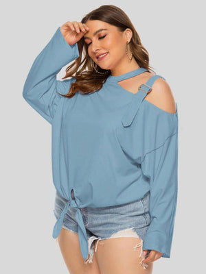Plus Size Stylish Tie Front Cutout Shoulder Top - MXSTUDIO.COM