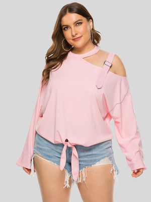 Plus Size Stylish Tie Front Cutout Shoulder Top - MXSTUDIO.COM