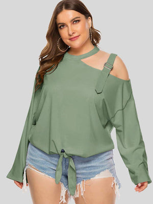 Plus Size Stylish Tie Front Cutout Shoulder Top - MXSTUDIO.COM