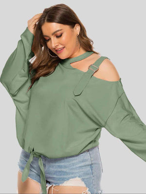 Plus Size Stylish Tie Front Cutout Shoulder Top - MXSTUDIO.COM