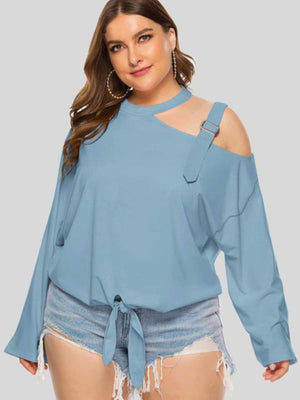 Plus Size Stylish Tie Front Cutout Shoulder Top - MXSTUDIO.COM