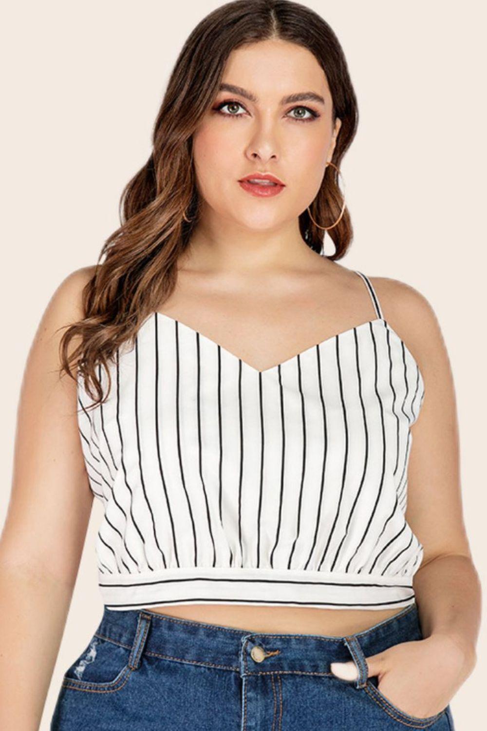 Plus Size Tie-Back Vertical Striped Cropped Cami - MXSTUDIO.COM