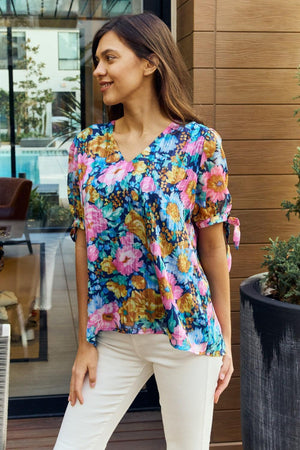 Plus Size Tie Sleeves Floral Blouse - MXSTUDIO.COM