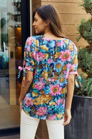 Plus Size Tie Sleeves Floral Blouse - MXSTUDIO.COM
