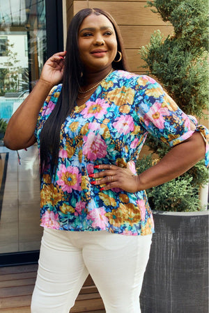 Plus Size Tie Sleeves Floral Blouse - MXSTUDIO.COM