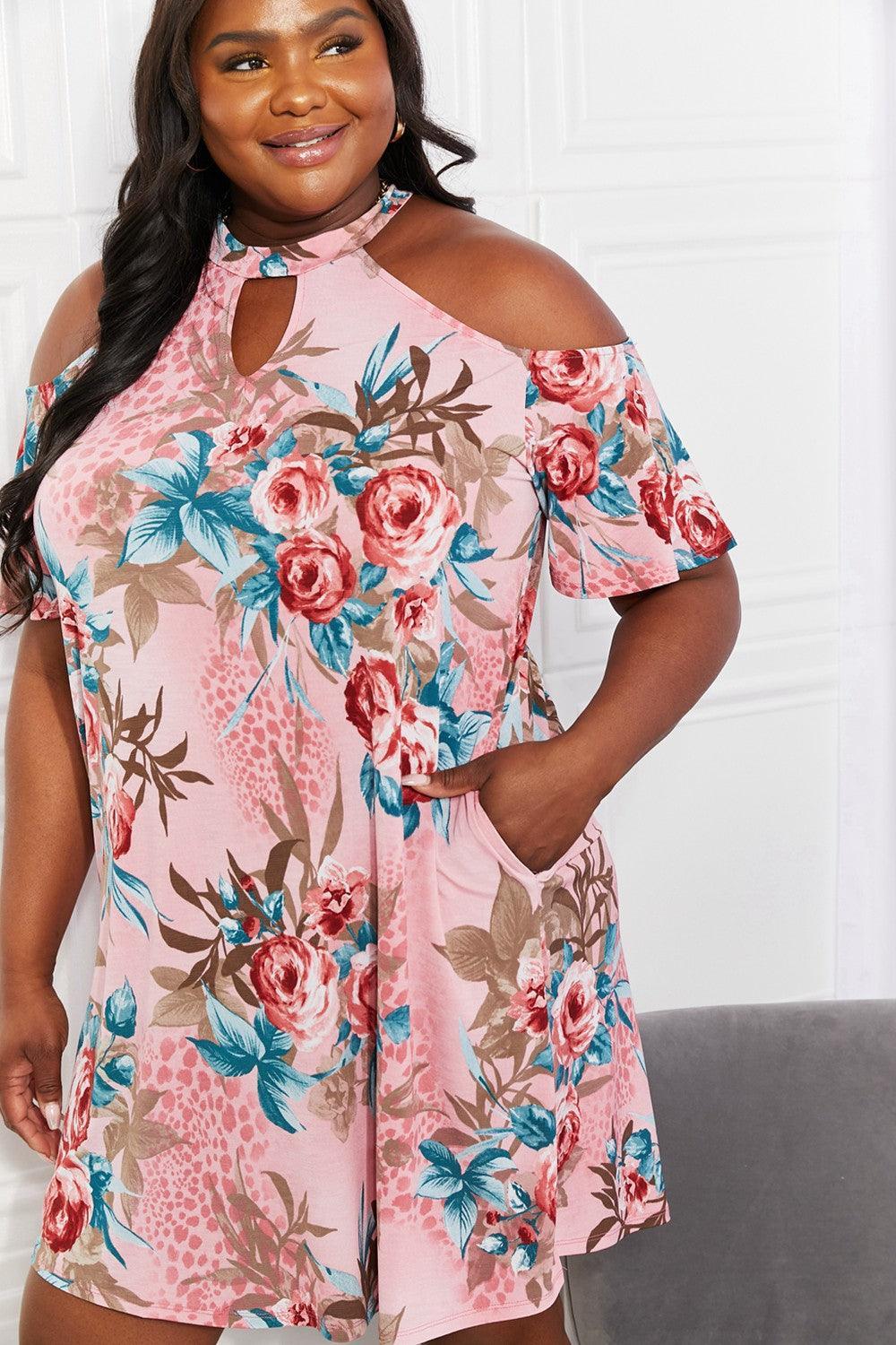 Positive Aura Floral Plus Size Cold Shoulder Dress - MXSTUDIO.COM