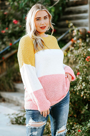 Ribbed Round Neck Plus Size Color Block Sweater - MXSTUDIO.COM